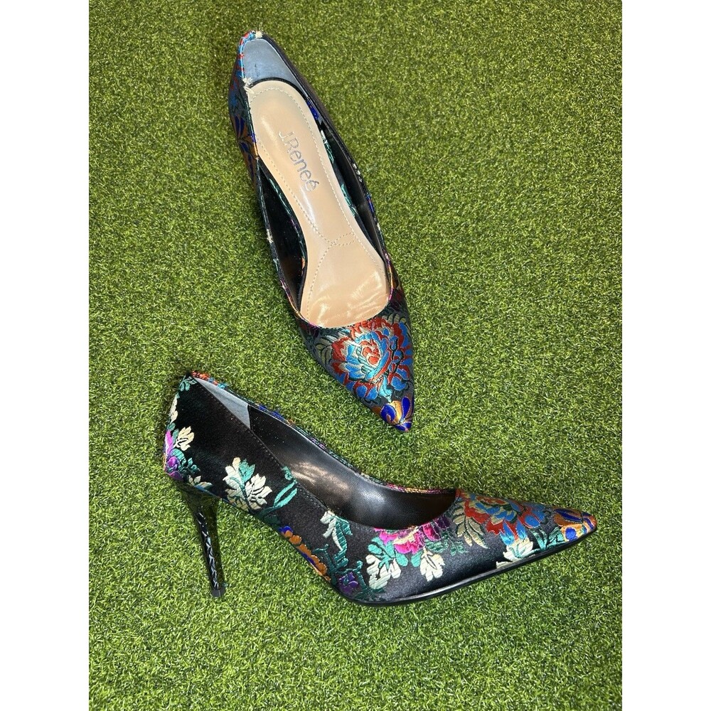 J. Renee Women’s Black Satin Floral embroidered Heels Pumps Shoes size 7.5